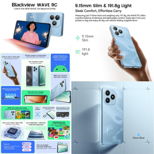  Blackview WAVE 9C, 4 Go + 64 Go, 6,56 pouces, Android 15, Unisoc T603 SC9863A Octa Core, réseau : 4G, OTG (bleu) SB979L293-020